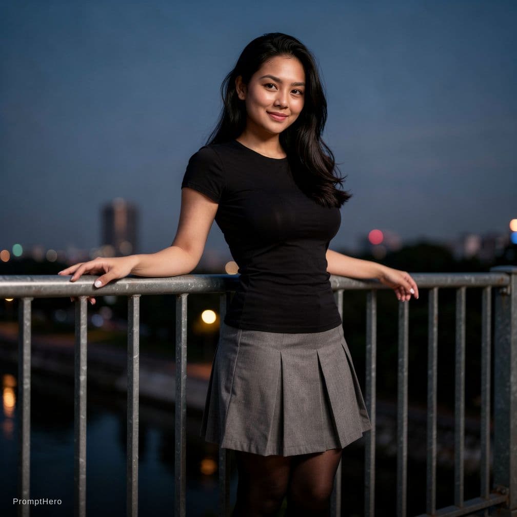 AI generated: ultra realistic photo of a young woman with a slender build standing near a railing, dark wavy shoul...