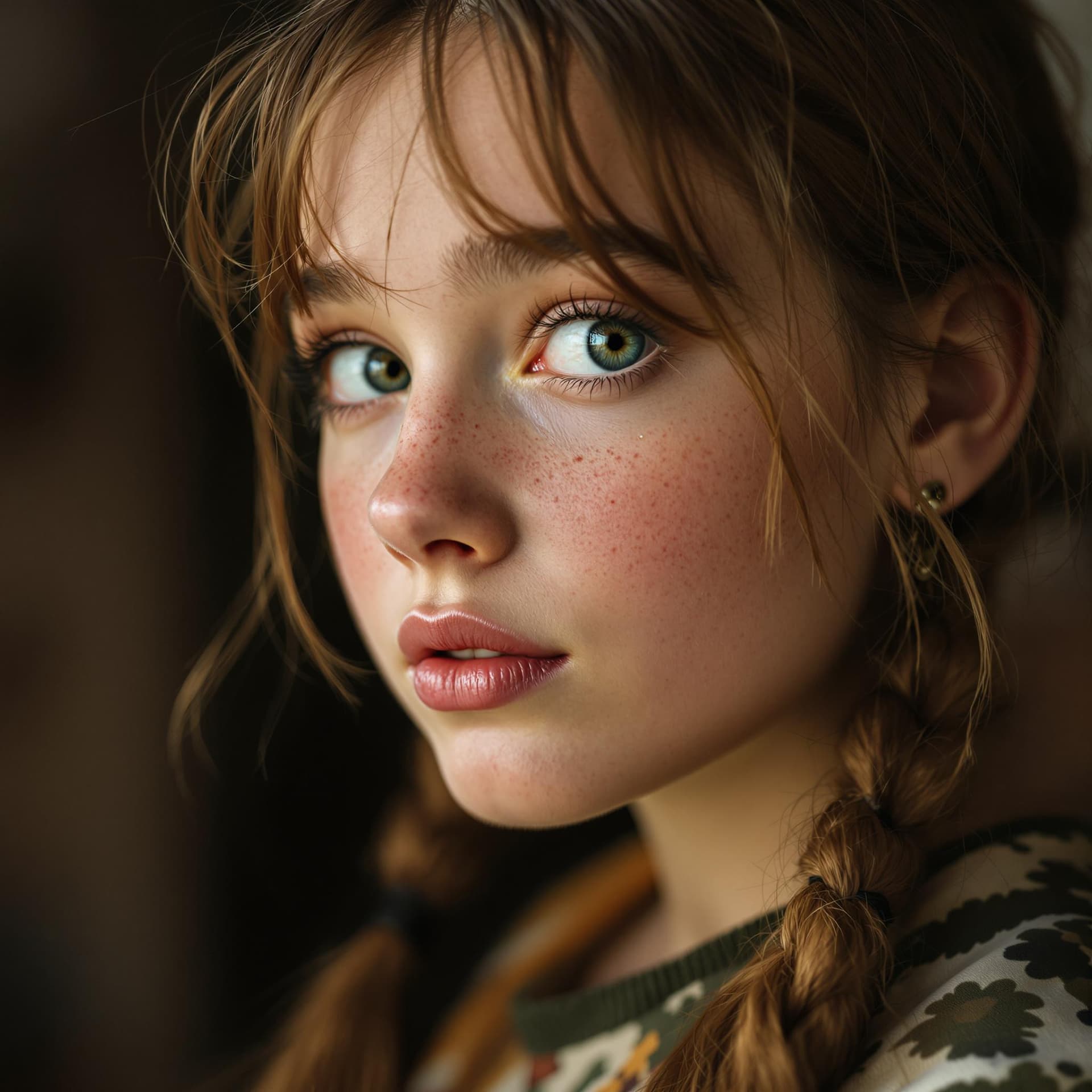 AI generated: A close-up of a slightly freckled 20s girl with her head half-turned and her expression looking back...