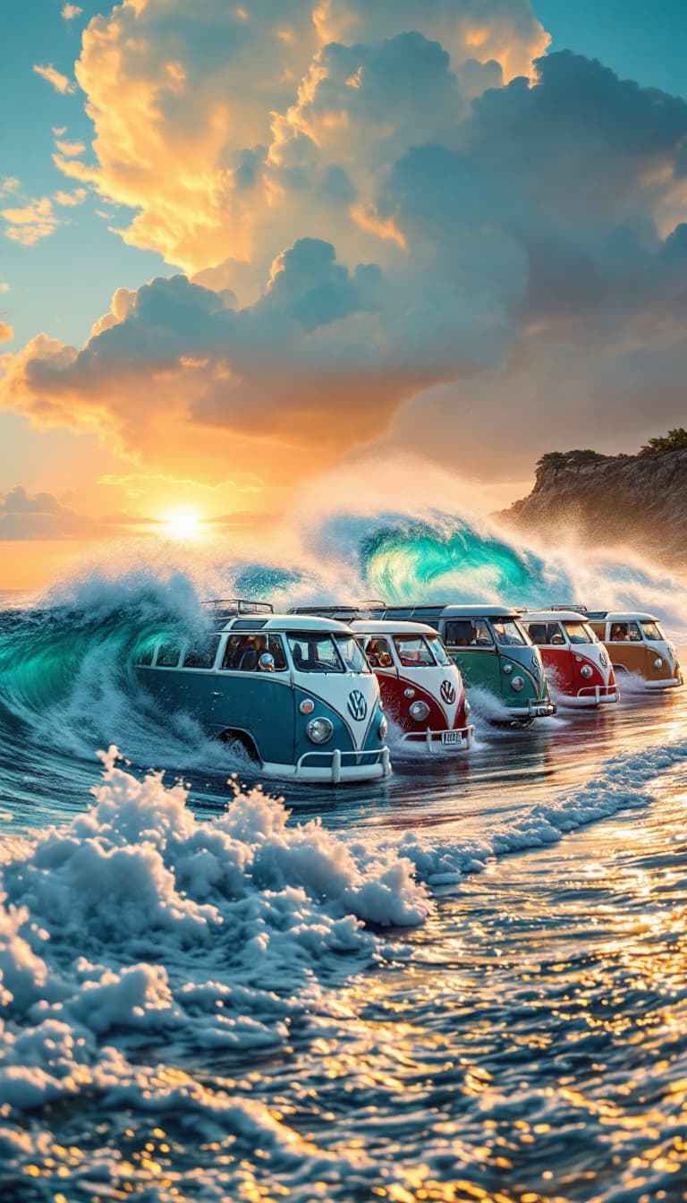 AI generated: 4 Classic Vw buses of blue and white, red and white teal green and withe and tan and white colors ar...