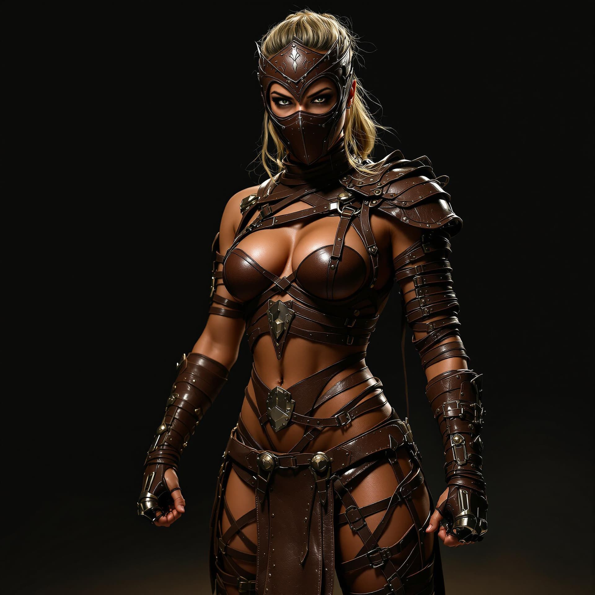 AI generated: Full body view of A striking female figure with an athletic build is adorned in intricate brown leat...