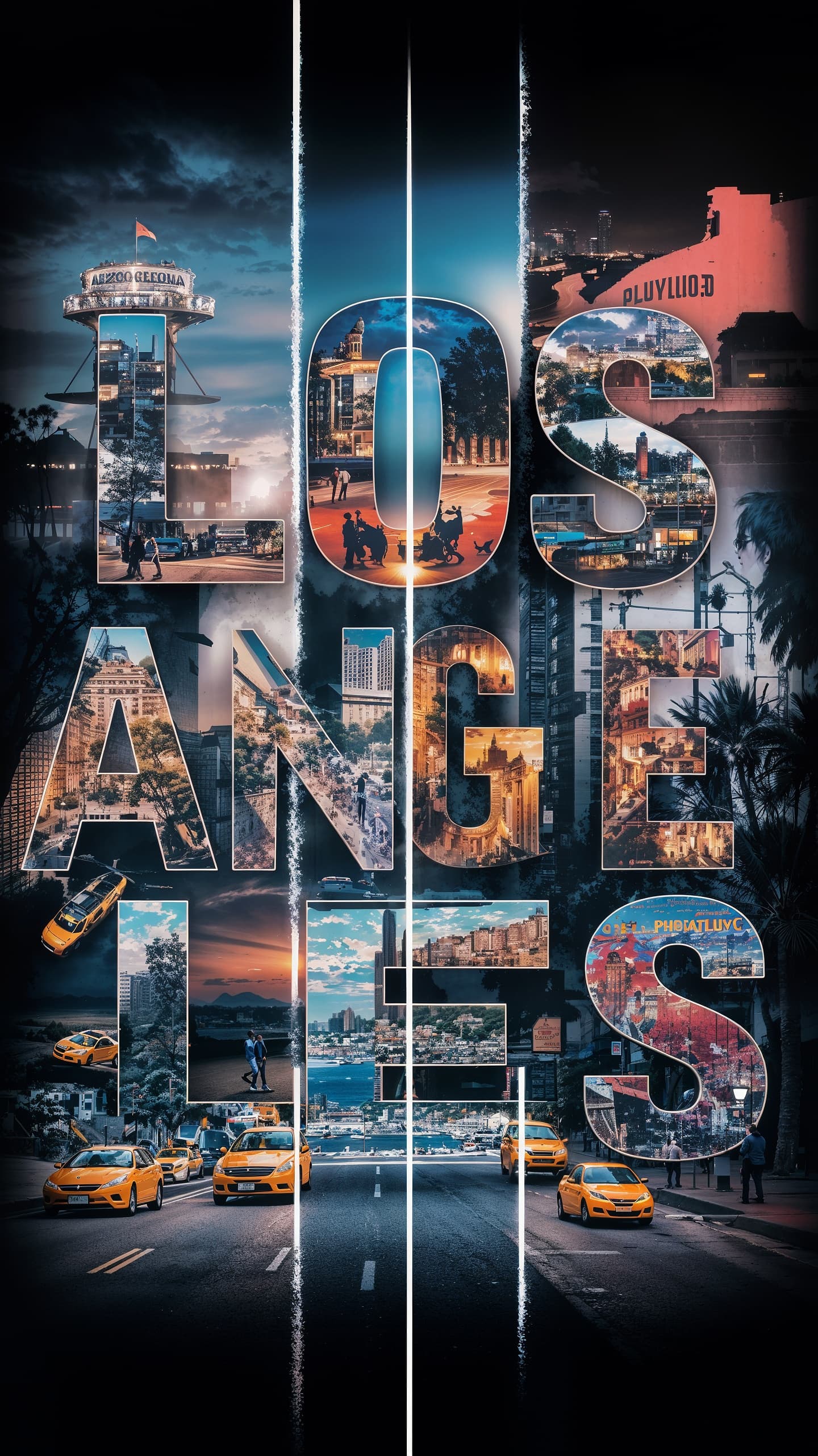AI generated: A striking, high-contrast cinematic photo-style vertical collage that captures the essence of Los An...