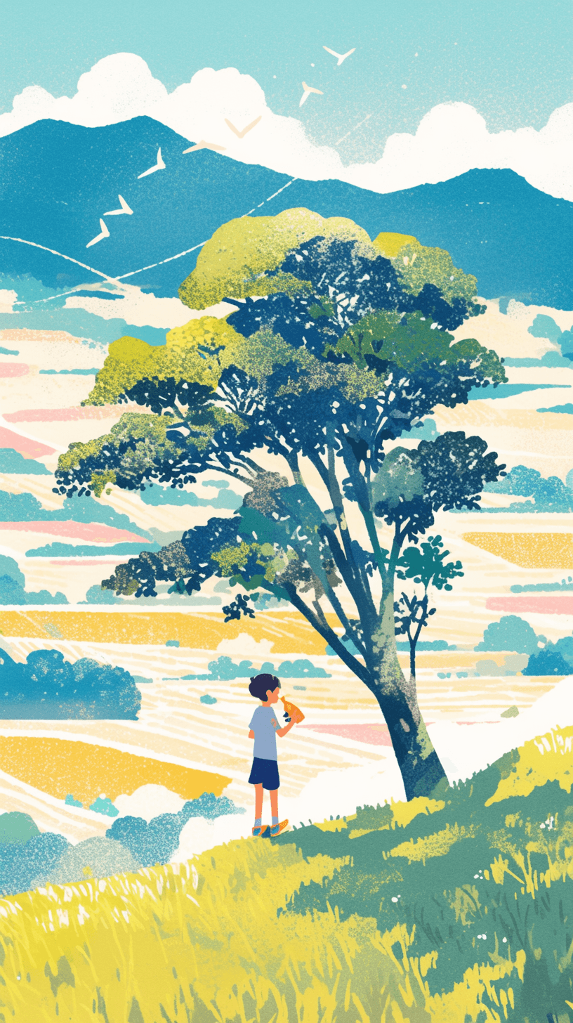 AI generated: A boy drink bottled drink under a tree with mountains behind,Aerial view,simple lines, children's bo...