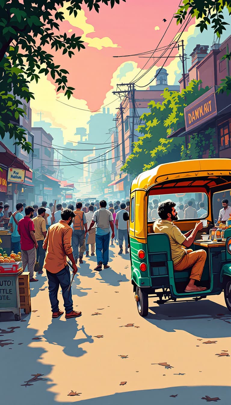 AI generated: In the style of Indian comic books like Chacha Chaudhary, a crowded Indian street at dawn, chaiwala ...