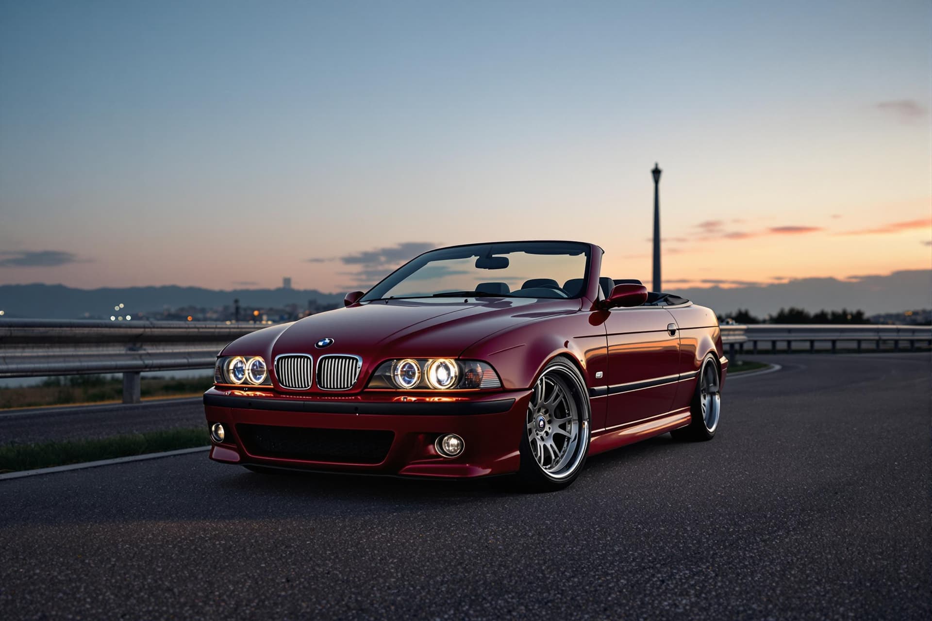 AI generated: dark red bmw e39 M5 convertible, lit angel eyes, cinematic, hyper realism, high detail, 8k, front 3/...