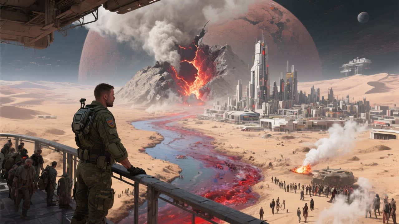 AI generated: On a futuristic distant planet, civilisation is under threat as over exploitation of resources has l...