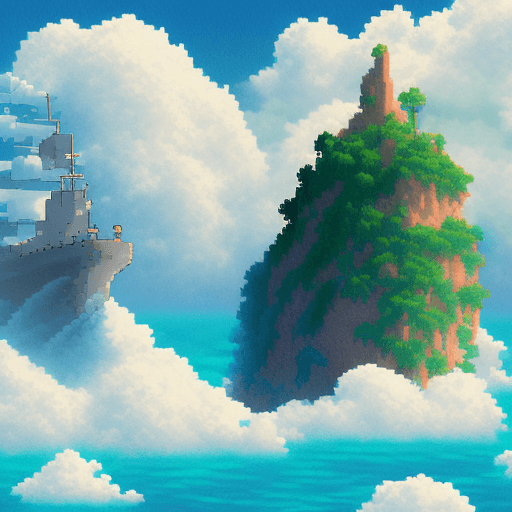 AI generated: 
16 bit pixel art, epic composition of a explorer in a boat reaching an island in the clouds, by stu...