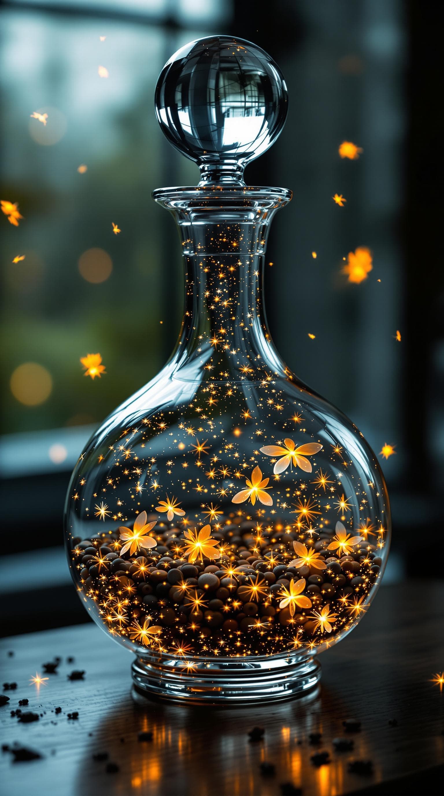 AI generated: a wide based decanter  made of crystal , that has a swarm of fireflies in it