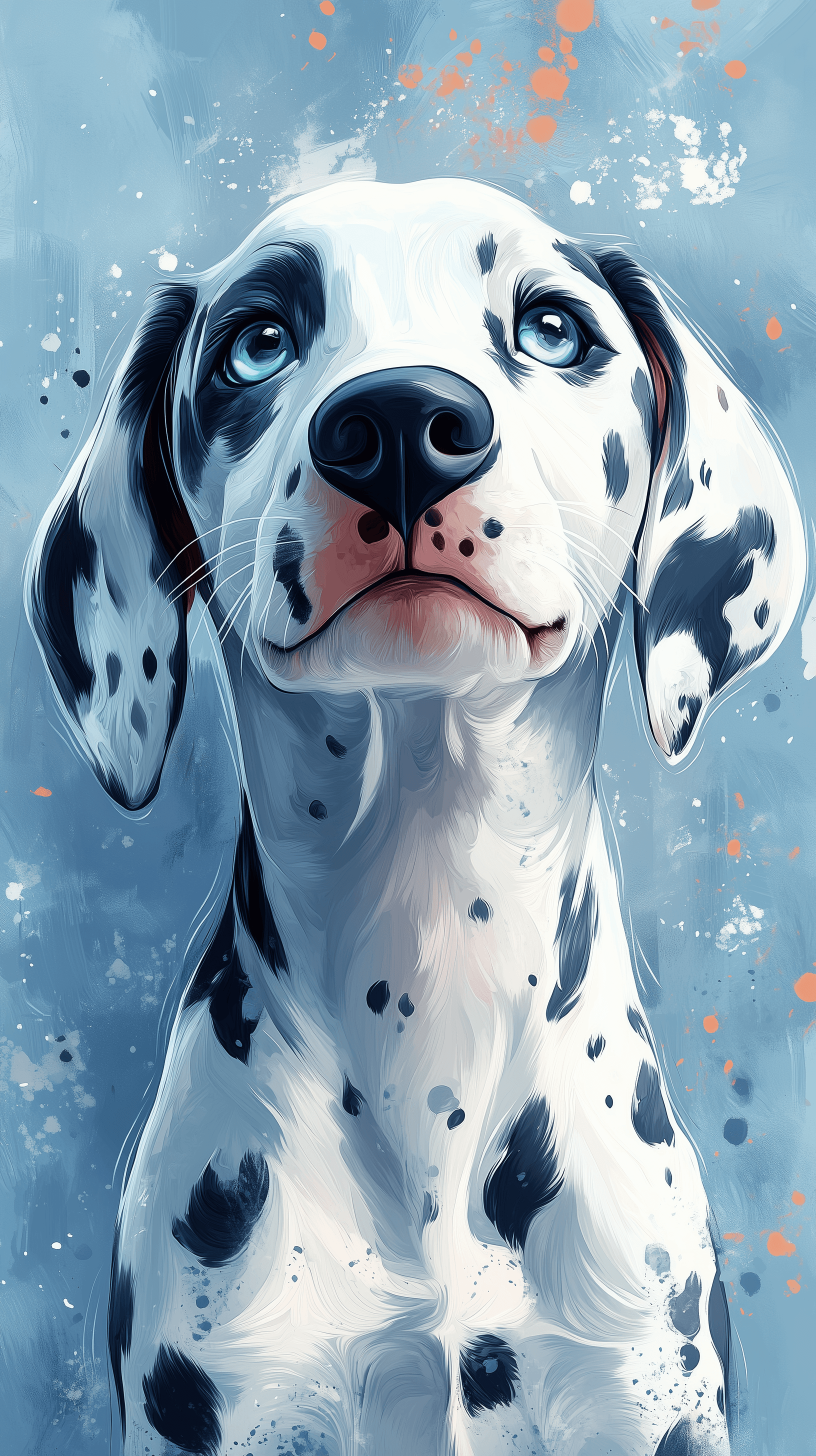 AI generated: illustration, dollish dalmatian dog face, emerald light cyan eye, simplify, expressive eyes and a pl...