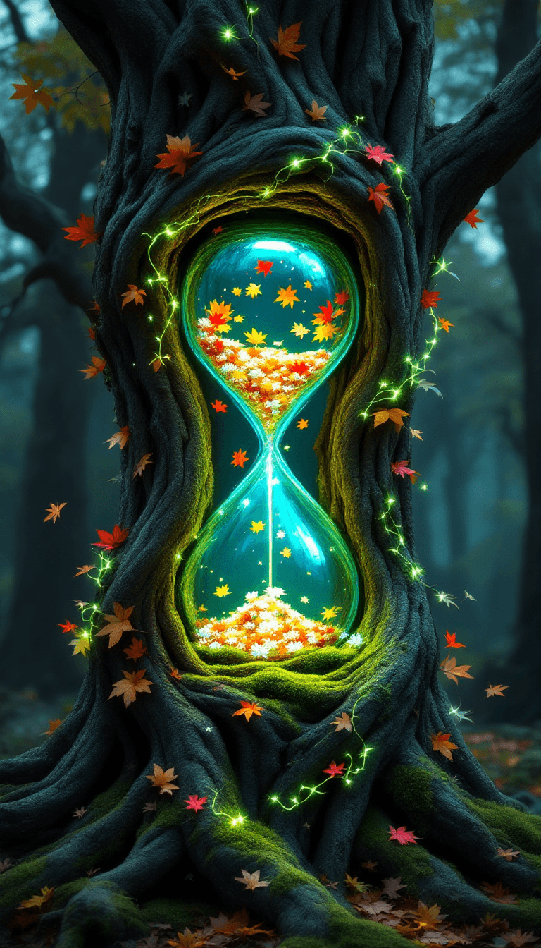 AI generated: [A **colossal hourglass** is embedded deep within the **twisted, gnarled trunk of an ancient, mythic...