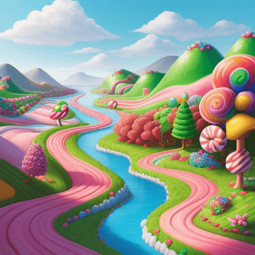 AI generated: depict a vibrant yet simple landscape based off of CANDY LAND and CHARLIE AND THE CHOCOLATE FACTORY....