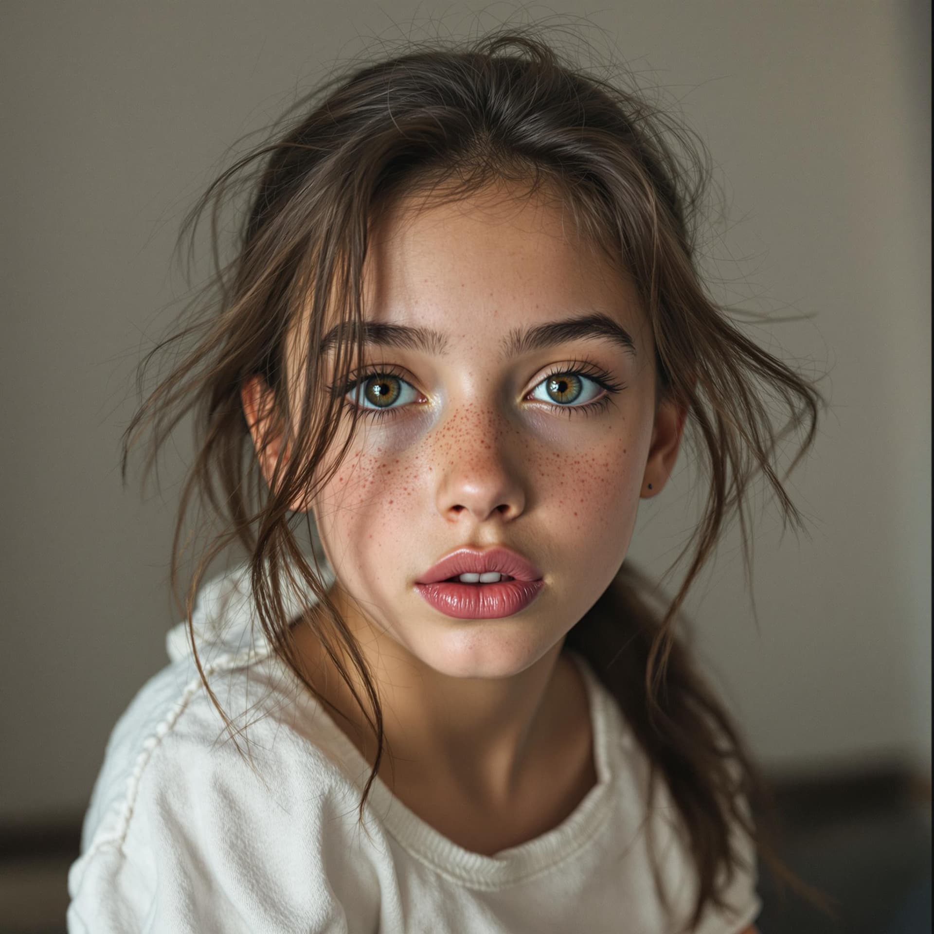 AI generated: 10 years old caucasian brunette girl really pretty, big lips open mouth, just face, with freckles
