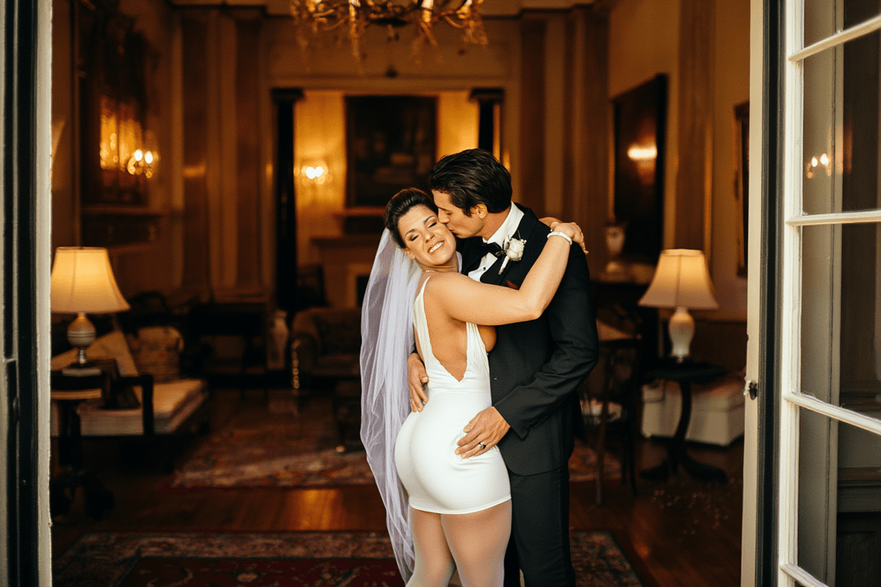AI generated: 25 yo athletic woman in short lycra wedding dress, veil, cleavage, pantyhose, dancing and hugging he...