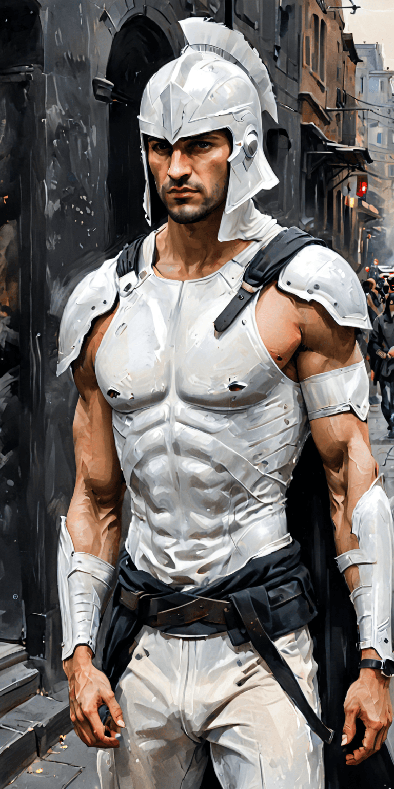 AI generated: A spartan, in the style of fashion illustration, svetlin velinov, dark white and black, street fashi...