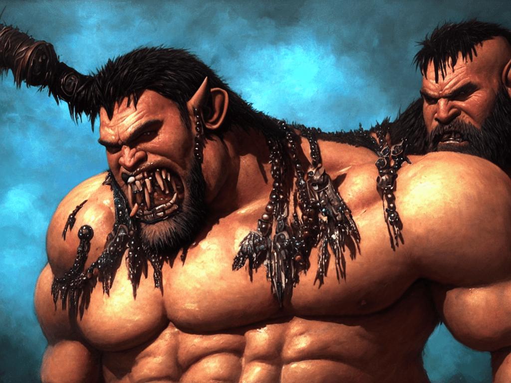 AI generated: tattooed, muscled sweaty shirtless half - orc barbarian champion with a full dark beard, visibly thi...