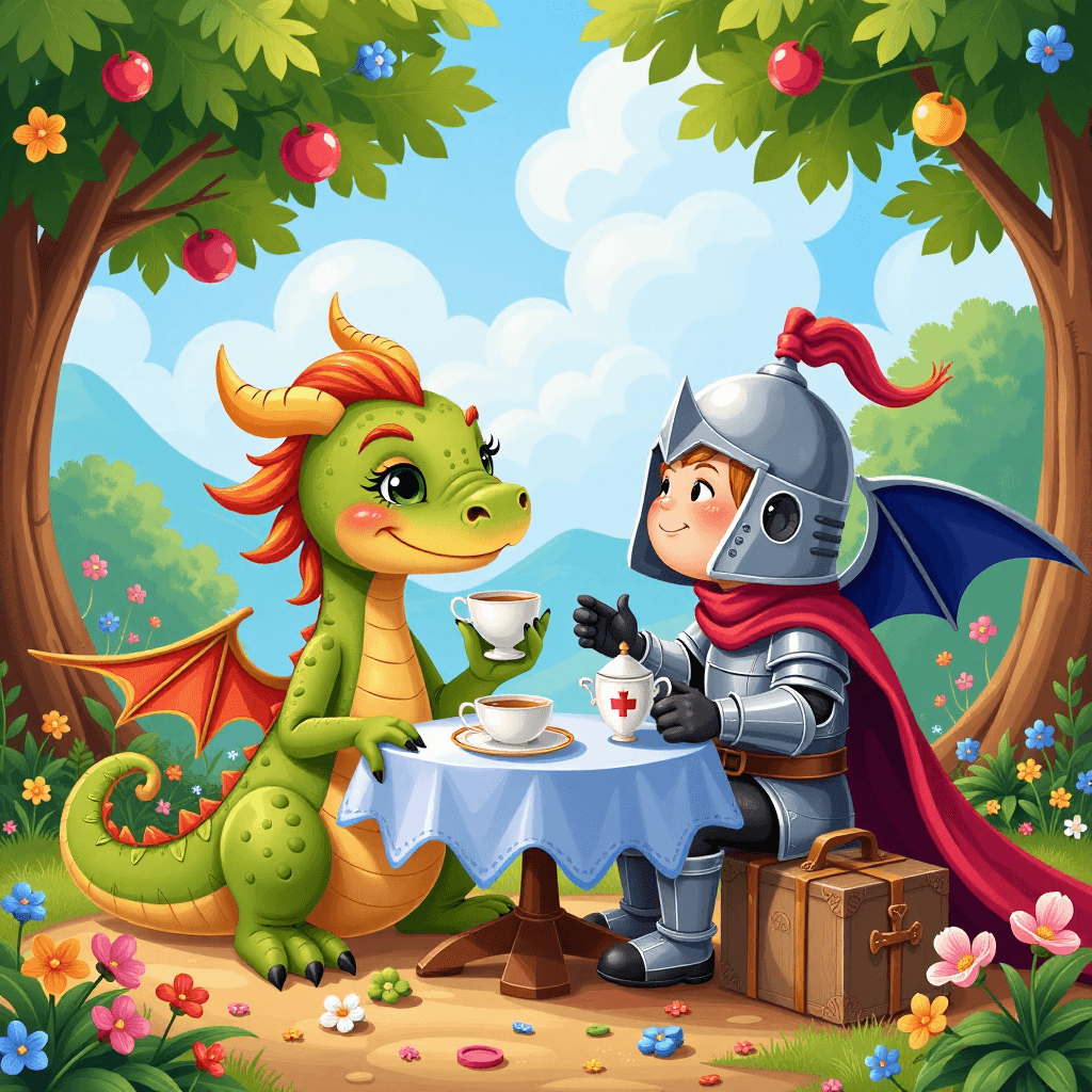 AI generated: Children's Book Illustration: "Whimsical illustration of a friendly dragon having tea with a knight ...