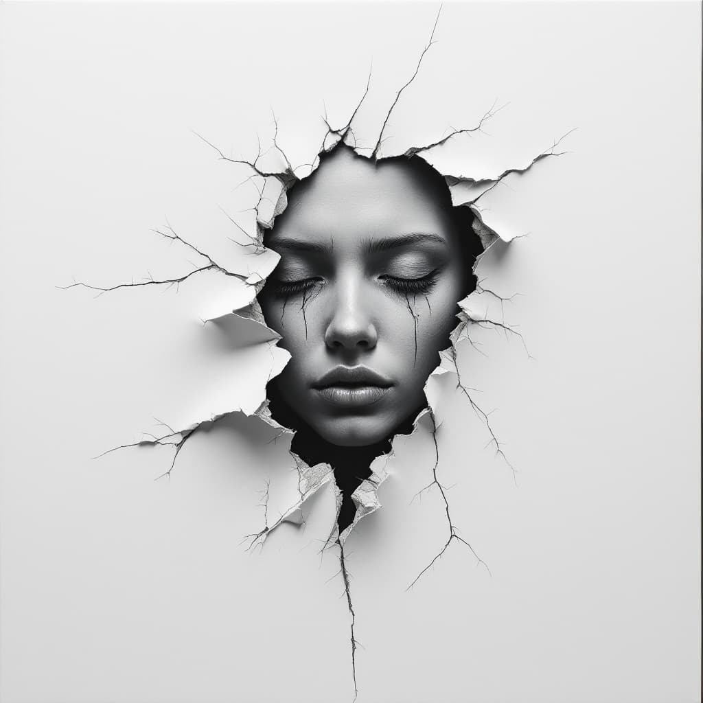 AI generated: A hyperrealistic oil painting on a white background of a solitary figure with an abstract face emerg...
