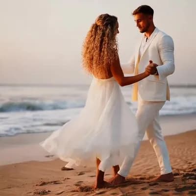 AI generated video: A romantic sunset video of a man and a woman dancing slowly on the beach. The woman has long curly b...