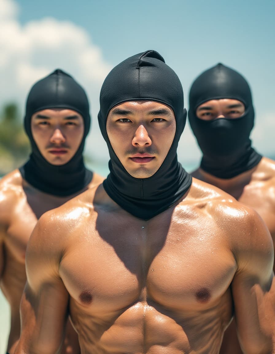 AI generated: Three muscular male Chinese swimmers wear tight compression jammers arrested by policy in day time. ...