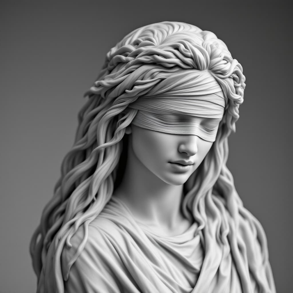AI generated: A grayscale sculpture of justicia, long hair, the Greek mythological female god in the style of Mich...