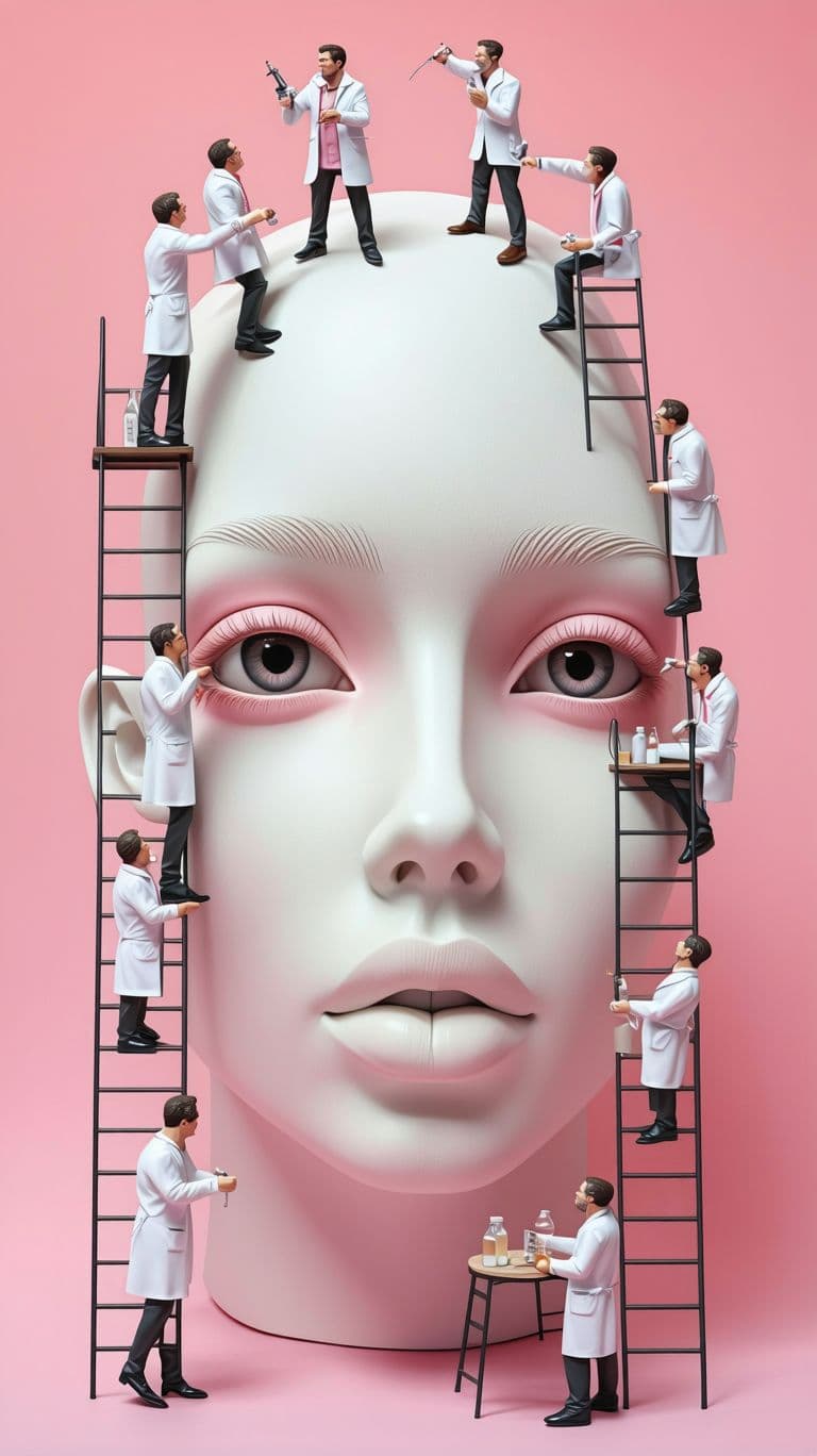 AI generated: Create a Real Eye of a Model Face - A real photo of numerous tiny people, reminiscent of midgets, pe...