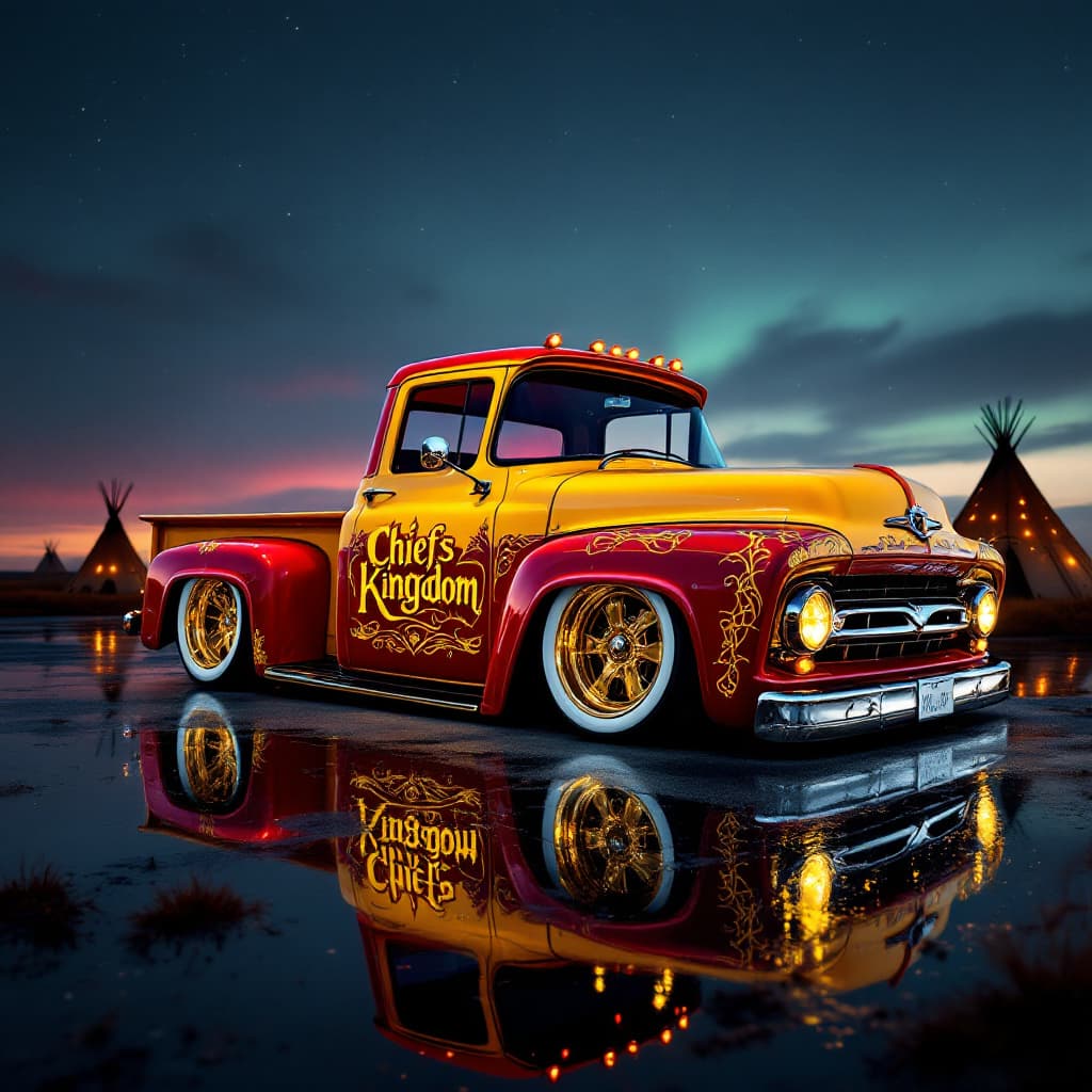 AI generated: A realistic, panoramic image of a 1958 Ford pick-up from a front, side view. The ford has a shiny, m...