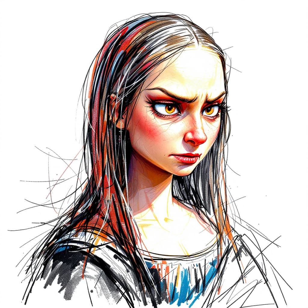 AI generated: Cartoon sketch of an angry Mona lisa , white background, drawing made in colored pencil and thick li...