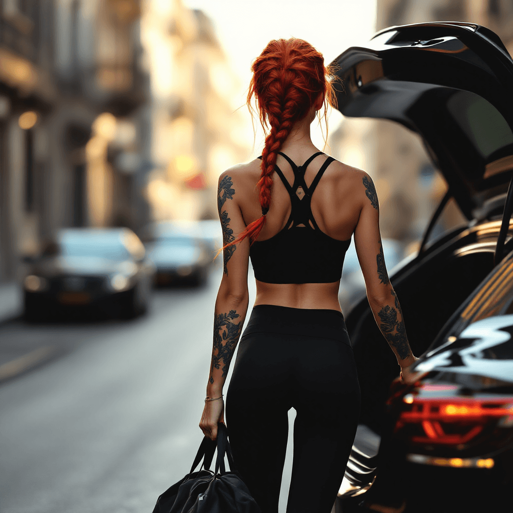 AI generated: A hyper-realistic, full-body photo of a very pale, fit woman with long neon red hair styled in a loo...