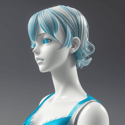 AI generated: 3d ultra-high details mannequin with Paper cut blue hair, with serene colors, delicate hair waves.