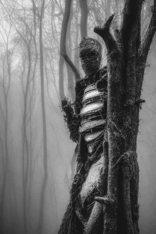 AI generated: an old ateampunk knight, very long bread, looking at camera, dark and foggy woods, detailed face, de...