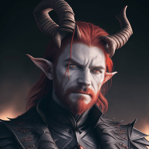 AI generated: Hyper detailed dark fantasy villain, half man half goat, two horns, red hair, hyper-realistic and hy...