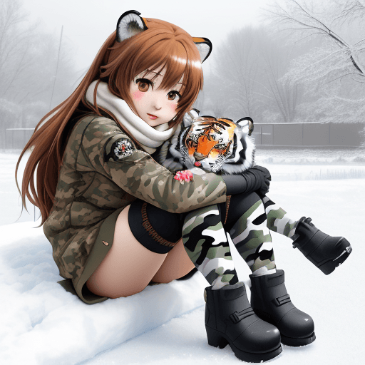 AI generated: chibi style, taiga aisaka, anime, sit on snowy camouflage  tank and hug herself, winter red school u...