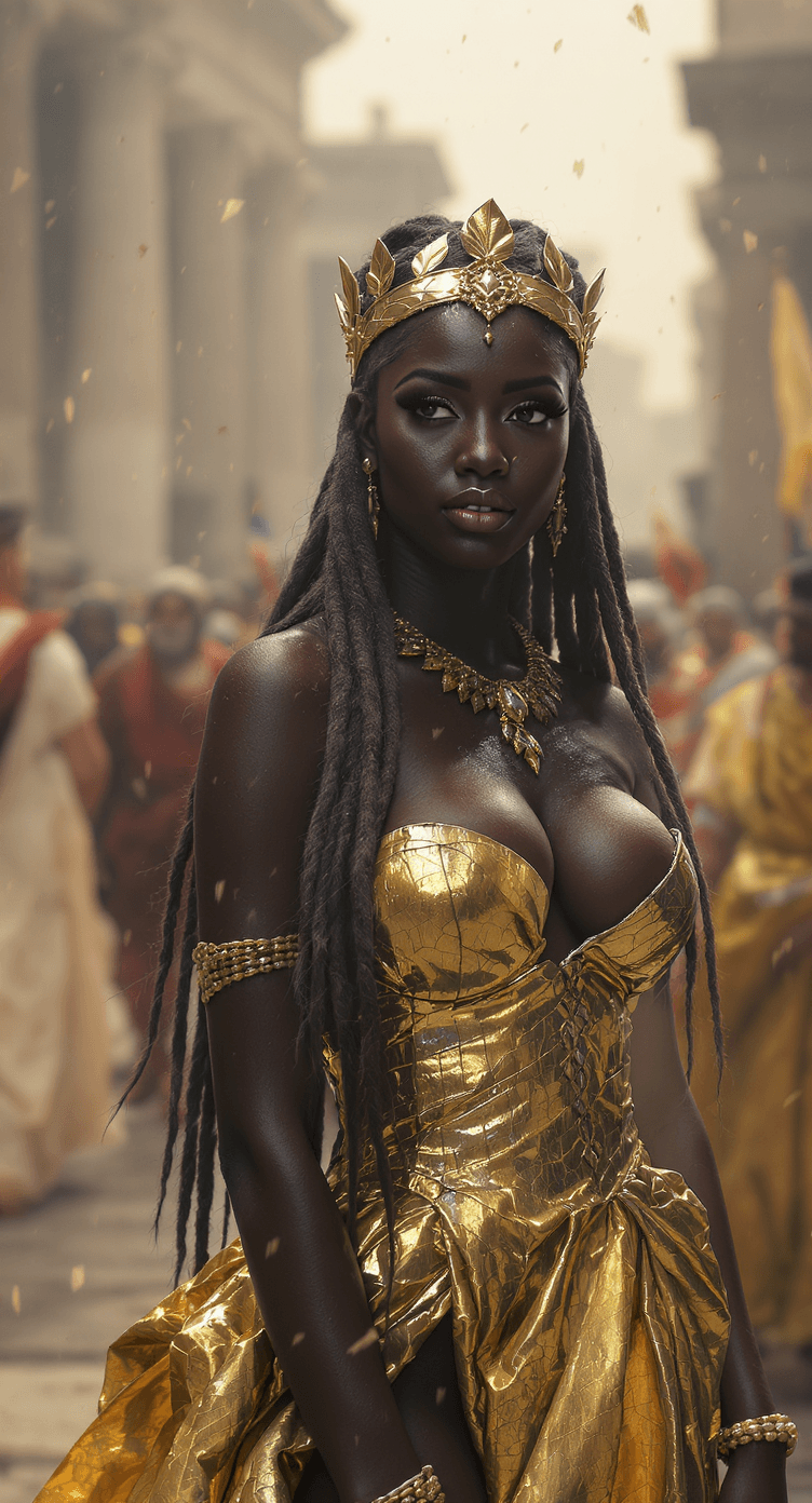 AI generated: Bustling Ancient Roman city. A bride with long flowing dreadlock hair. She is wearing a gold dress m...