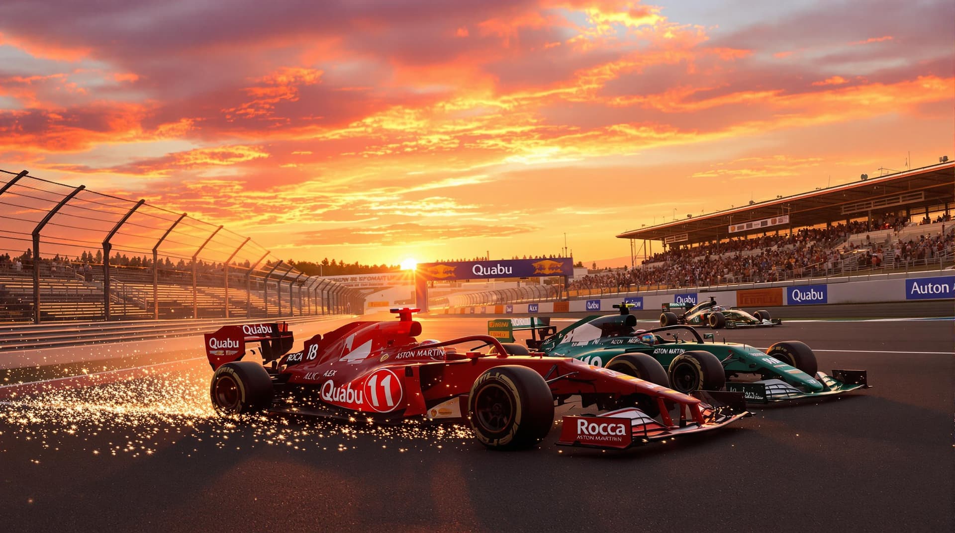 AI generated: A high-speed Formula 1 race is taking place on a professional circuit during a breathtaking sunset. ...