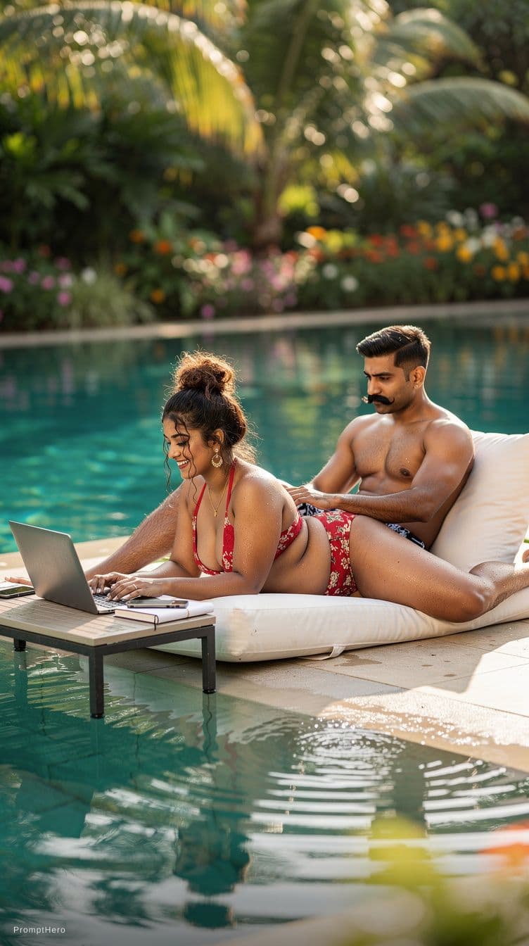 AI generated: A sexy beautiful Indian couple relaxing by a luxurious outdoor swimming pool surrounded by lush trop...