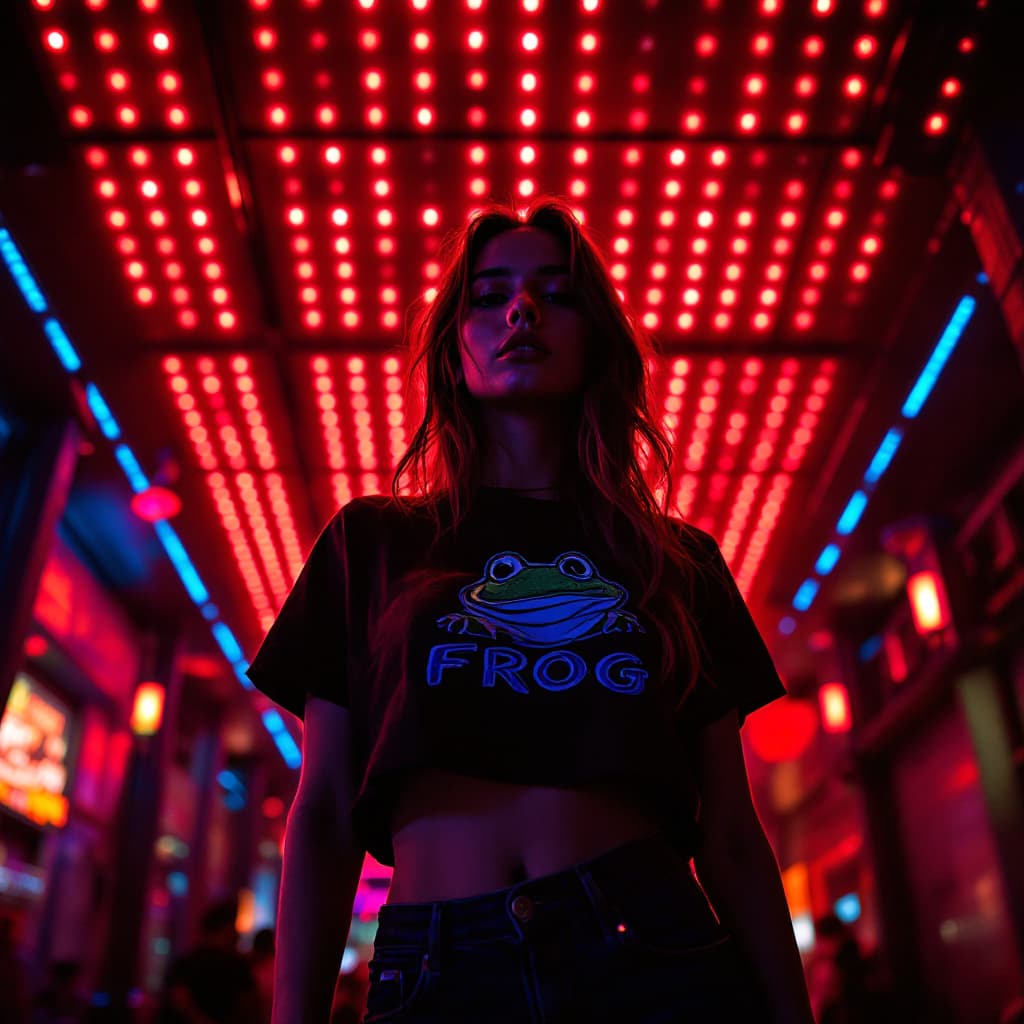 AI generated: cinematic, moody image, featuring attractive woman, Frog cropped tshirt, in front of Watergate, ceil...
