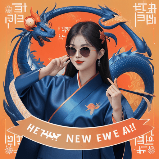 AI generated: write  "2024 Happy new year and hot sale", a blue dragon with sunglasses and korean cloth, light ora...