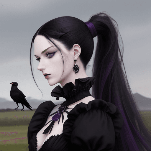 AI generated: high resolution, fantasy, pale skin, purple eyes, long very black hair with a ponytail, crows in the...