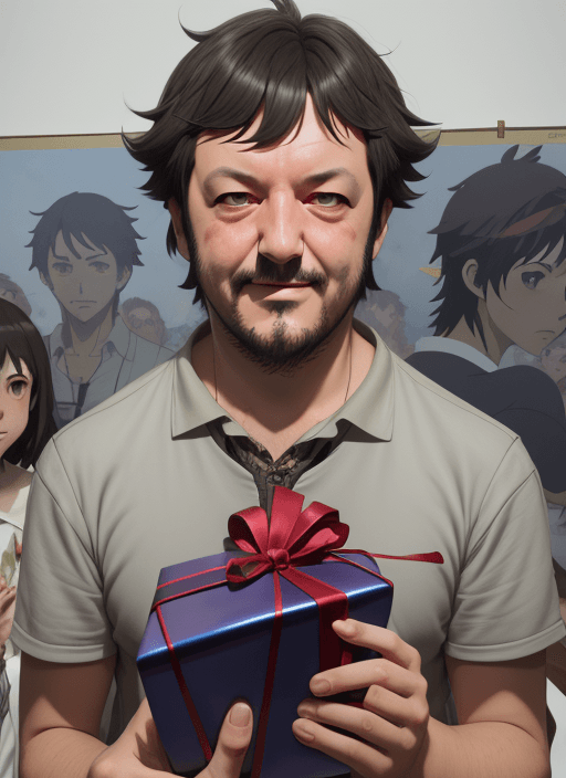 AI generated: illustration, concept art matteo salvini with a demonic expression unwraps gift packages delicate pi...
