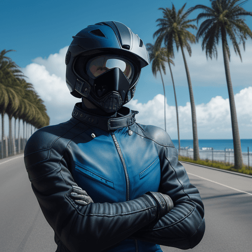 AI generated: an adventurous biker with crossed arms, long-sleeved jacket, torso slightly tilted to the right, wit...