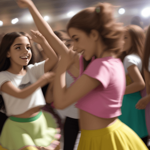 AI generated: chicas jóvenes contops bailando entre mucha gente
