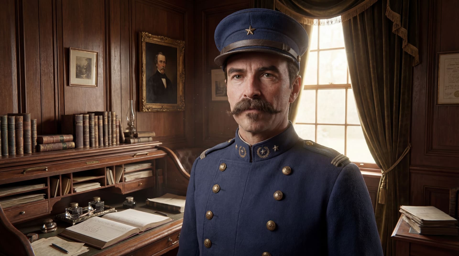 AI generated: Turn this cgi art into Photo Realistic photograph. Also change the background to some vintage office...