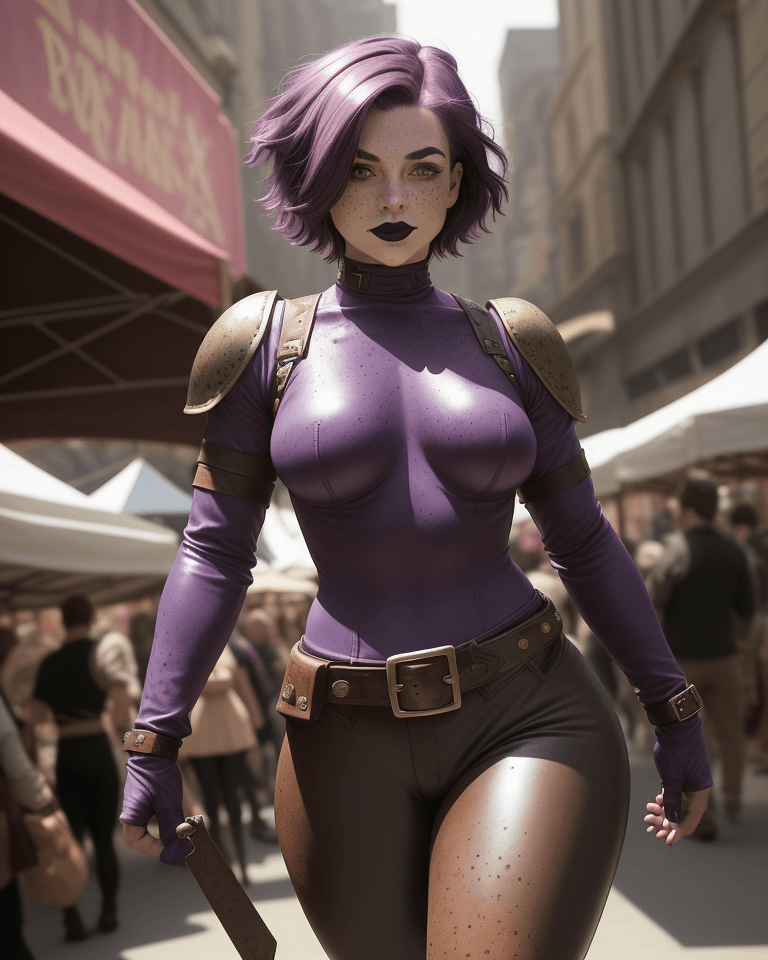 AI generated: D&D world, girl, dynamic pose, she walking, happy, dark lipstick, she has short length purple hair a...