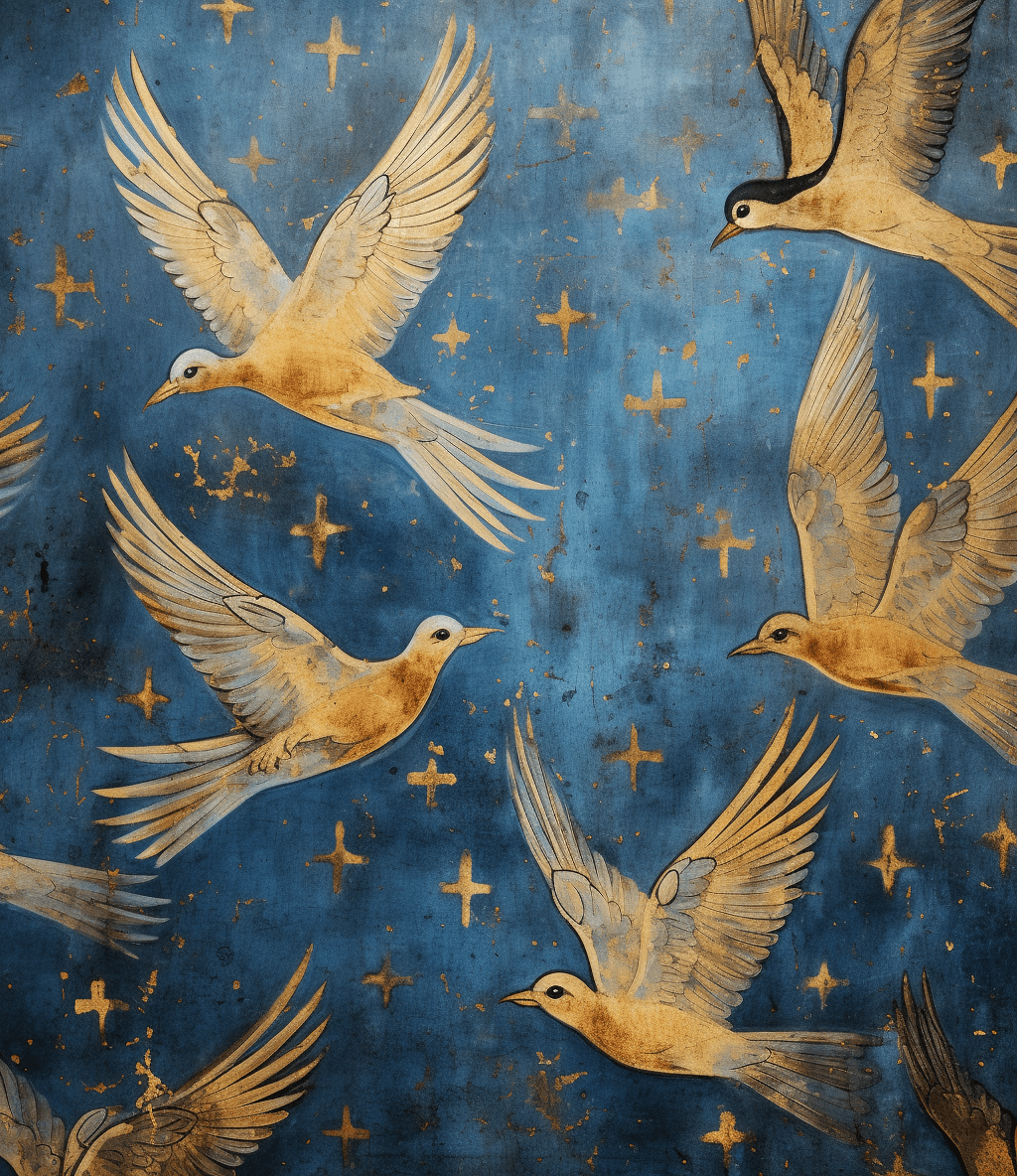 AI generated: medieval painting of birds flying in the sky, blue and gold color palette, close up view, in the sty...