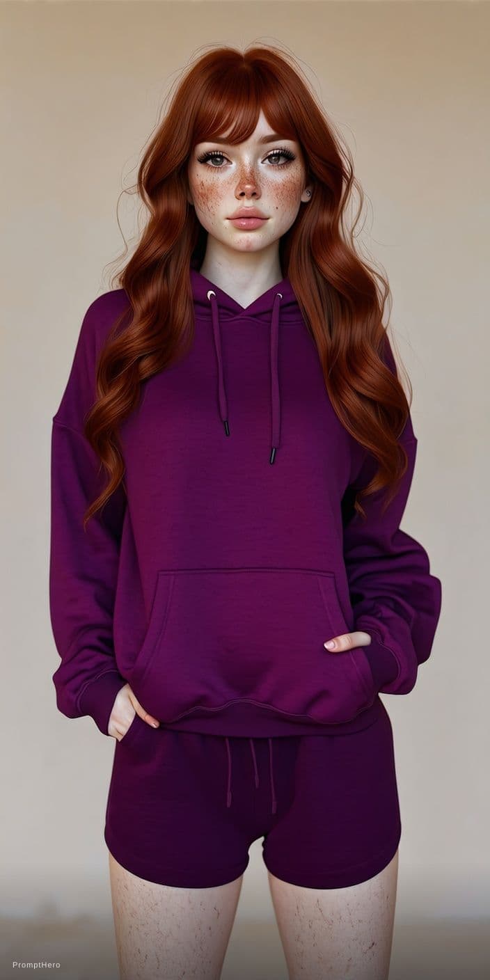 AI generated: Female, Long wavy dark red hair, curled bangs, dark brown eyes, dark freckles, fair peachy skin, pea...