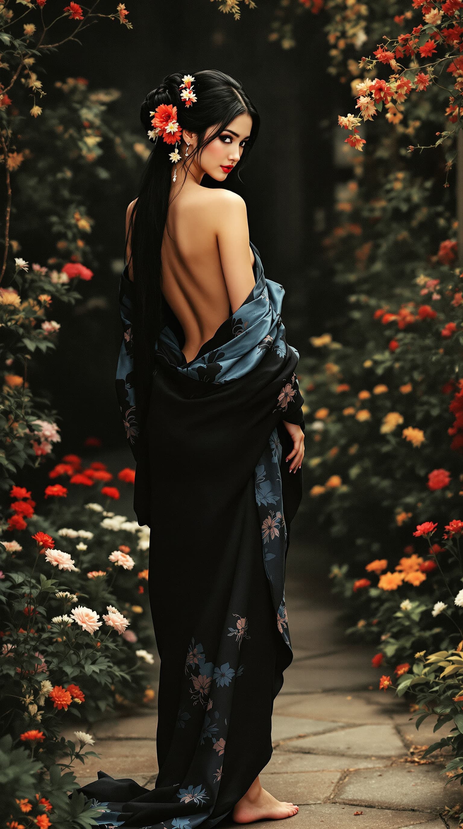 AI generated: Full-length view. A beautiful and stunning Asian woman in a very short blue and black kimono, partia...