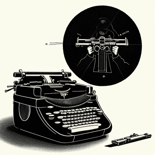 AI generated: illustration typewriter that is also a gun, shooting, hole in wall, black 