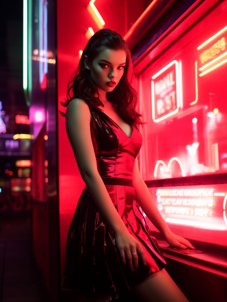 AI generated: a woman standing in front of a neon sign, hailee steinfeld, victoria siemer, evil look, alluring dre...