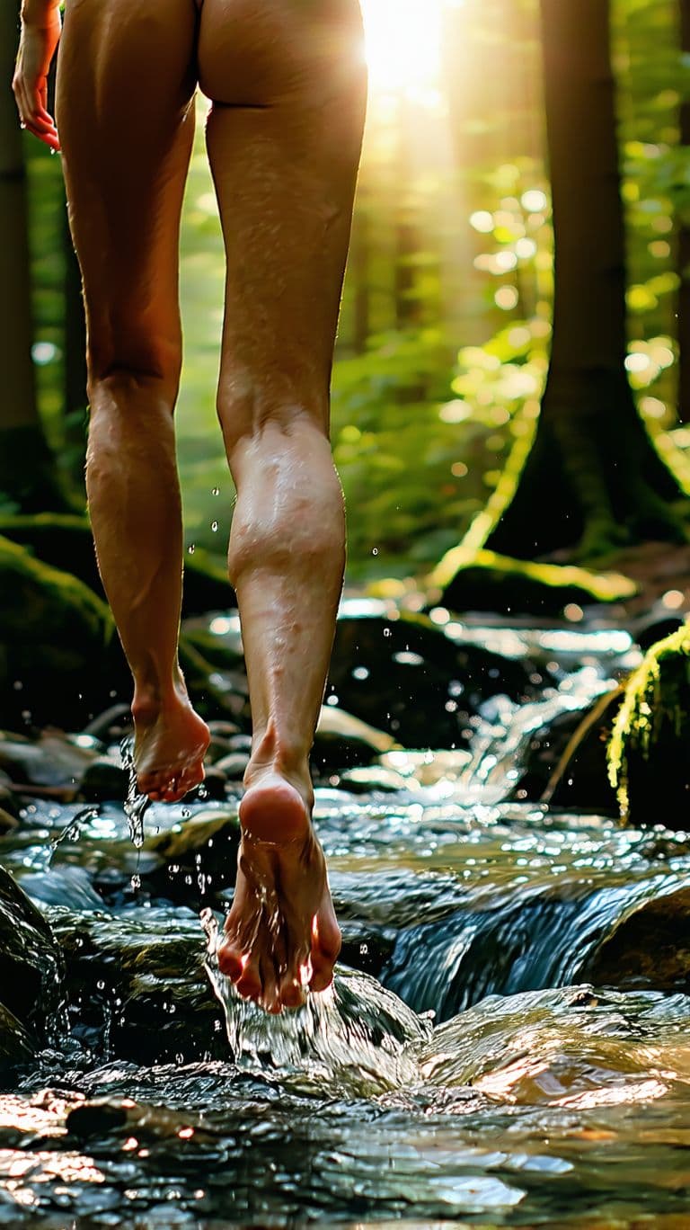 AI generated: close up of a woman's bare feet walking through a rocky stream in a dense forest, sun shining throug...