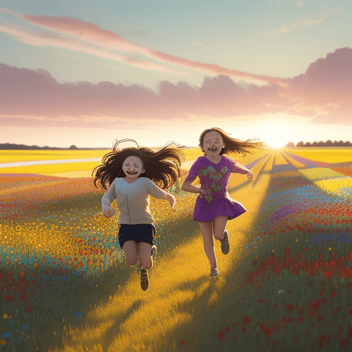 AI generated: Capture a playful, candid scene of kids running through a colorful field of wildflowers at golden ho...