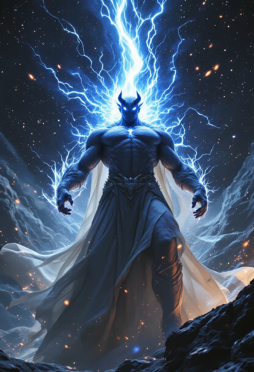 AI generated: God of the Light, full-body, No Hair or mouth, Etherial, muscular, Glowing eyes, epic, cinematic, 8k...